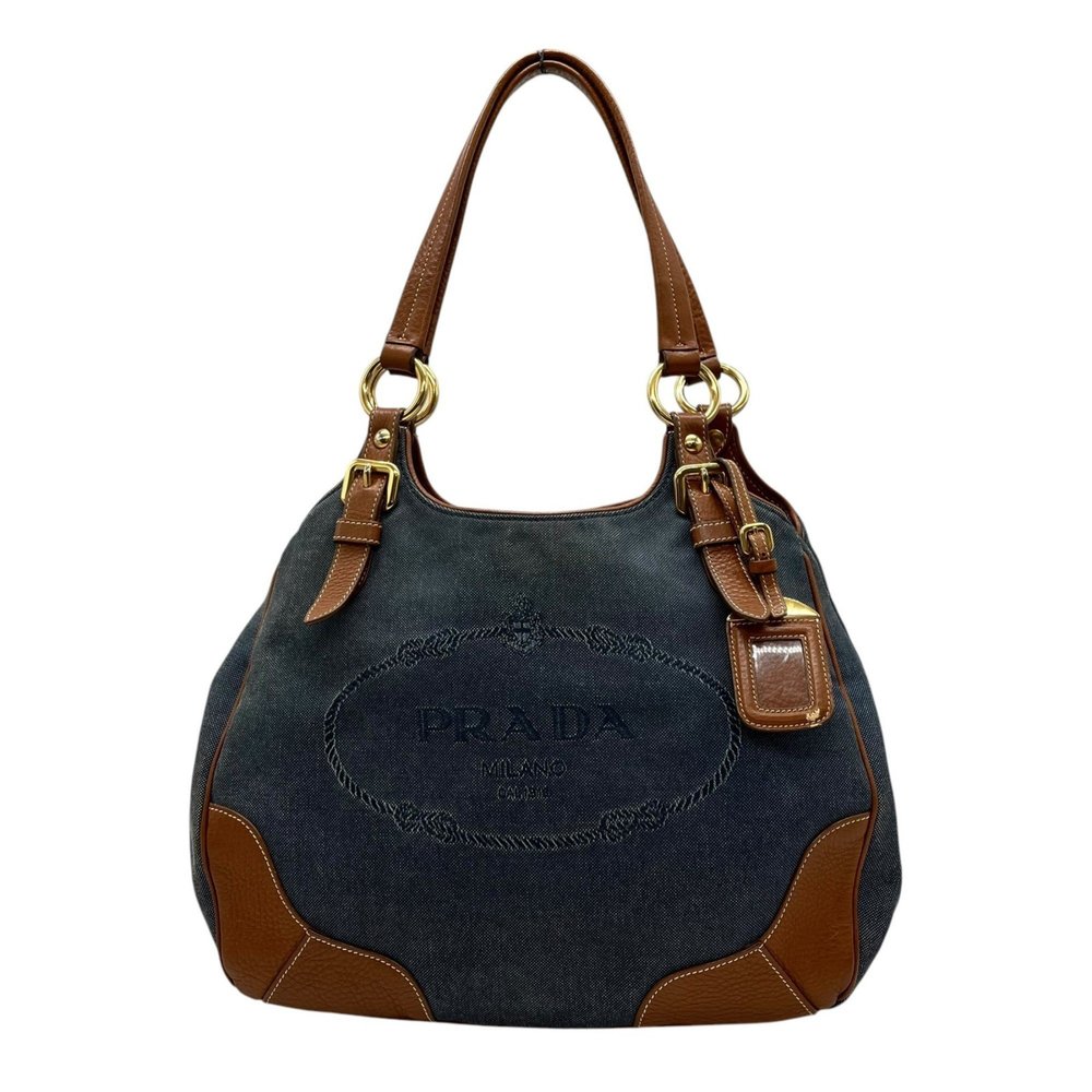 PRADA Prada Logo Jacquard Tote Bag Shoulder Denim Leather Blue Brown Gold Har... - Picture 2 of 16